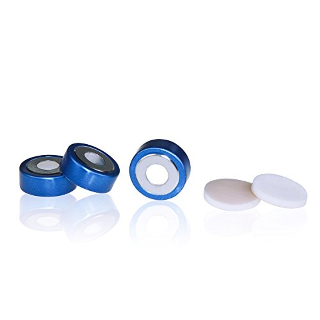 ChraSep,  Blue cap/ White silicone septa and silver crimp-top cap with hole, 18mm  crimp-top Vial, 100pcs, Part Number: P4819-02843