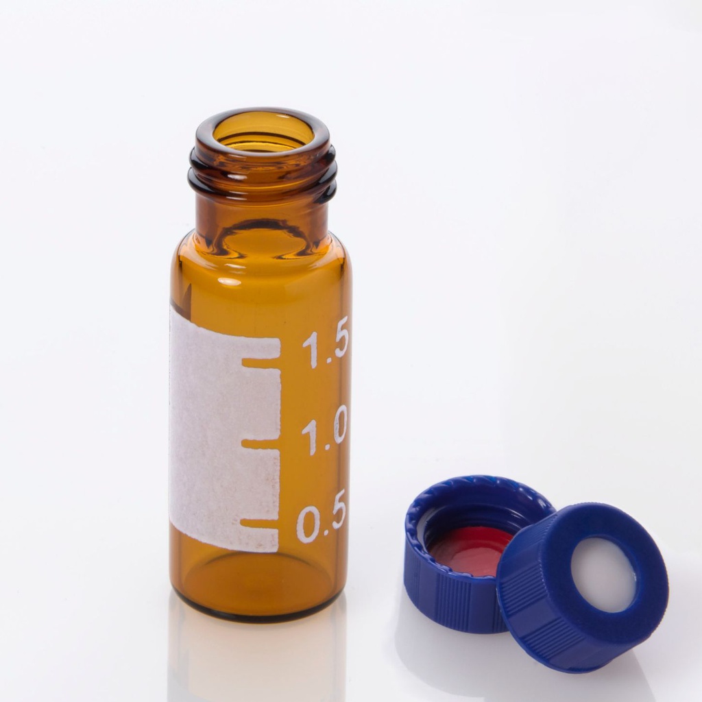 ChraPart #G20163-C12314, Vial Kit: 2mL Amber Glass Vial with Graduated Marking Spot, 9-425 Blue Polypropylene Screw Cap with 0.040&quot;, Bonded PTFE/Silicone Septa, 100/pk