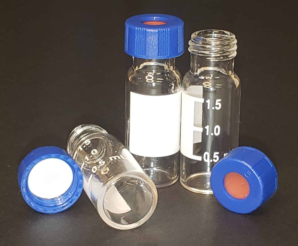 Vial đựng mẫu ChraPart #G20163-C13552, Vial Kit: 2mL Clear Glass Vial with Graduated Marking Spot, 9-425 Blue Polypropylene Screw Cap with 0.040&quot;, Bonded PTFE/Silicone Septa, 100/pk,